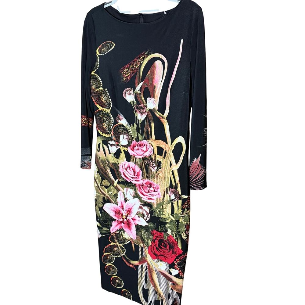 Joseph Ribkoff Black Floral Midi Dress Size 8 Bold 3/4 Sleeve Bodycon Stretch
